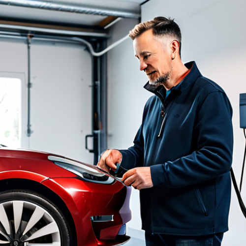 Home 6 A professional, middle-aged man in modest, relaxed home attire is gently plugging a Tesla Wall Connector cable into a Tesla Model 3 sedan. The scene takes place inside a clean, well-lit home garage with organized shelving in the background. The focus is on the ease and routine of home charging, depicted with soft, inviting lighting. Perfect anatomy, correct proportions, natural pose, well-formed hands, proper finger count, natural body proportions. safe for work, appropriate content, fully clothed, modest, professional photography, high quality, realistic.