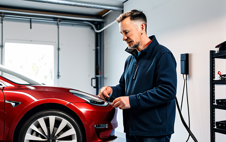 A professional, middle-aged man in modest, relaxed home attire is gently plugging a Tesla Wall Connector cable into a Tesla Model 3 sedan. The scene takes place inside a clean, well-lit home garage with organized shelving in the background. The focus is on the ease and routine of home charging, depicted with soft, inviting lighting. Perfect anatomy, correct proportions, natural pose, well-formed hands, proper finger count, natural body proportions. safe for work, appropriate content, fully clothed, modest, professional photography, high quality, realistic.
