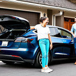 테슬라 모델 Y의 가족용 SUV 적합성 - Model Y - Family Loading**

A family loading groceries into the trunk of a Tesla Model Y in a suburb...