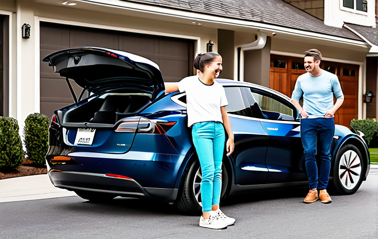 테슬라 모델 Y의 가족용 SUV 적합성 - Model Y - Family Loading**

A family loading groceries into the trunk of a Tesla Model Y in a suburb...