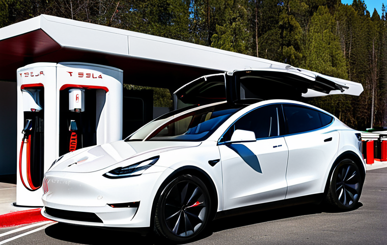 테슬라 모델 Y의 가족용 SUV 적합성 - Model Y - Family Loading**

A family loading groceries into the trunk of a Tesla Model Y in a suburb...