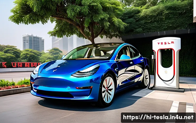 테슬라 전기차 충전 시간 분석 - A detailed, realistic Tesla Model 3 parked at a modern urban Tesla Supercharger station in India, sh...