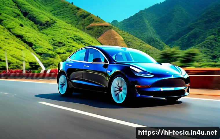 테슬라 모델 3 퍼포먼스 트림 주행 성능 - A sleek Tesla Model 3 Performance speeding along a scenic highway in India, showcasing its aerodynam...