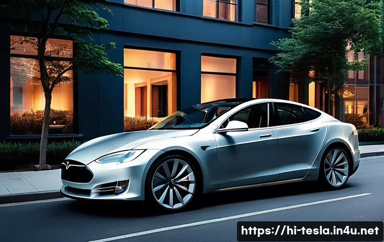 테슬라 모델 S와 BMW 7시리즈 비교 - A sleek Tesla Model S electric car parked on a scenic urban street at dusk, showcasing its modern, f...
