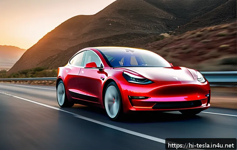 테슬라 차량의 공기역학 설계 - A sleek Tesla Model 3 speeding along a modern highway at sunset, emphasizing its smooth aerodynamic ...