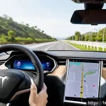 Home 20 테슬라 오토파일럿 기능의 장단점 - A detailed, realistic interior view of a Tesla car dashboard showcasing the Autopilot system in acti...