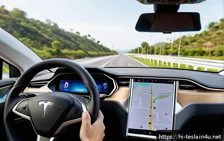 테슬라 오토파일럿 기능의 장단점 - A detailed, realistic interior view of a Tesla car dashboard showcasing the Autopilot system in acti...