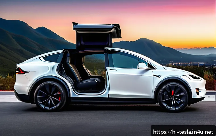 테슬라 모델 X와 볼보 XC90 비교 - A futuristic Tesla Model X electric SUV parked in an urban setting at dusk, showcasing its iconic fa...