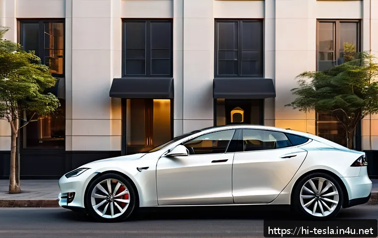 테슬라 모델 S와 루시드 에어 비교 - A sleek and elegant Tesla Model S parked on a modern city street during sunset, showcasing its class...