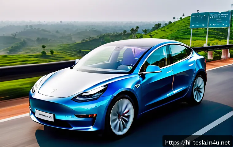 테슬라 전기차와 중국 전기차 비교 - A sleek Tesla Model 3 electric car driving on a modern highway in India, showcasing its minimalist i...
