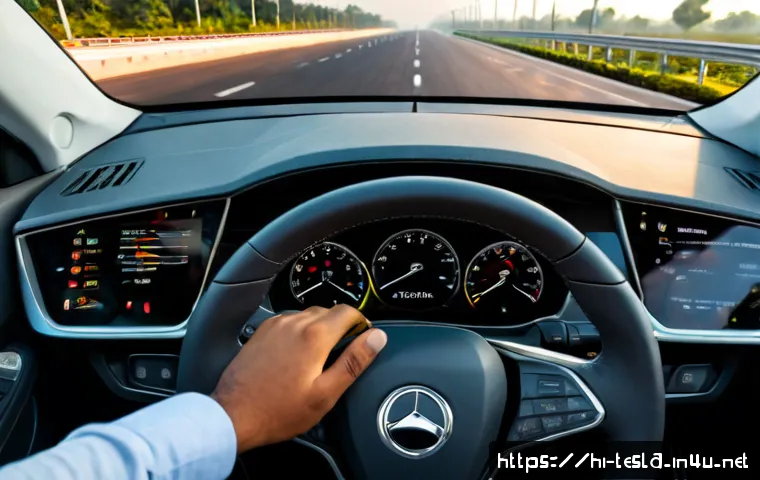 테슬라 모델 S의 주행 보조 시스템 - Photorealistic interior of a sleek premium electric sedan driving on a modern Indian expressway, an ...